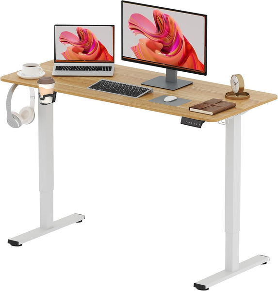 SANODESK QS1+140 * 60 Electric Standing Desk Height Adjustable Standing Desk With Memory Smart Panel Sit Stand Table With Hooks and Cupholder for Home Office （Black Frame+ Black Desktop）