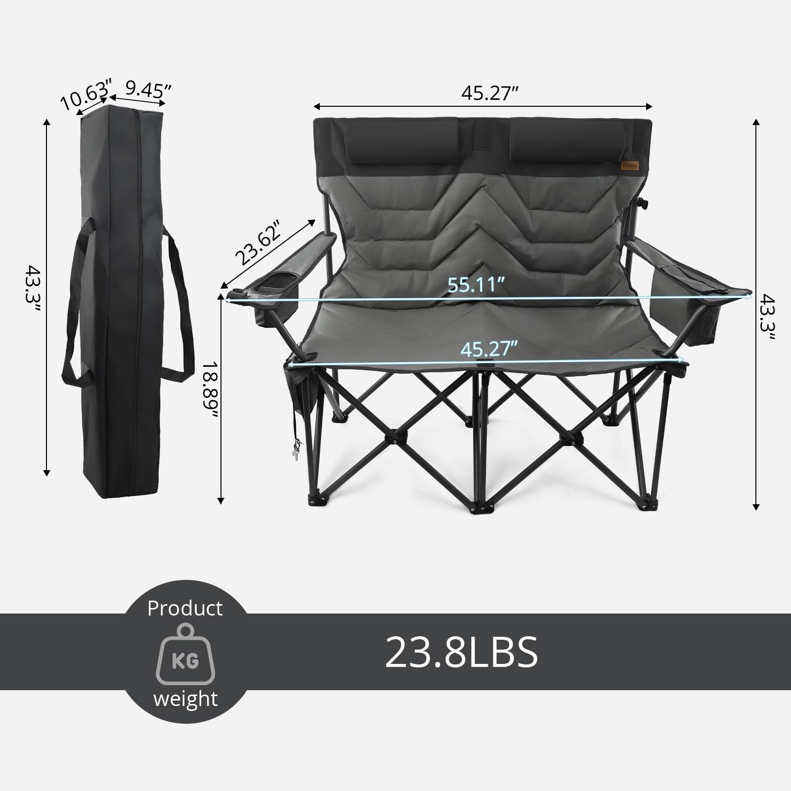Outdoor Folding Camping Chair -Oversize Camping Chairs for Adults,Support 400lbs with Pillows & Cup Holders & Cooler Bags- Heavy Duty Collapsible Chairs for Sports Garden Beach Fishing(Grey Blue)