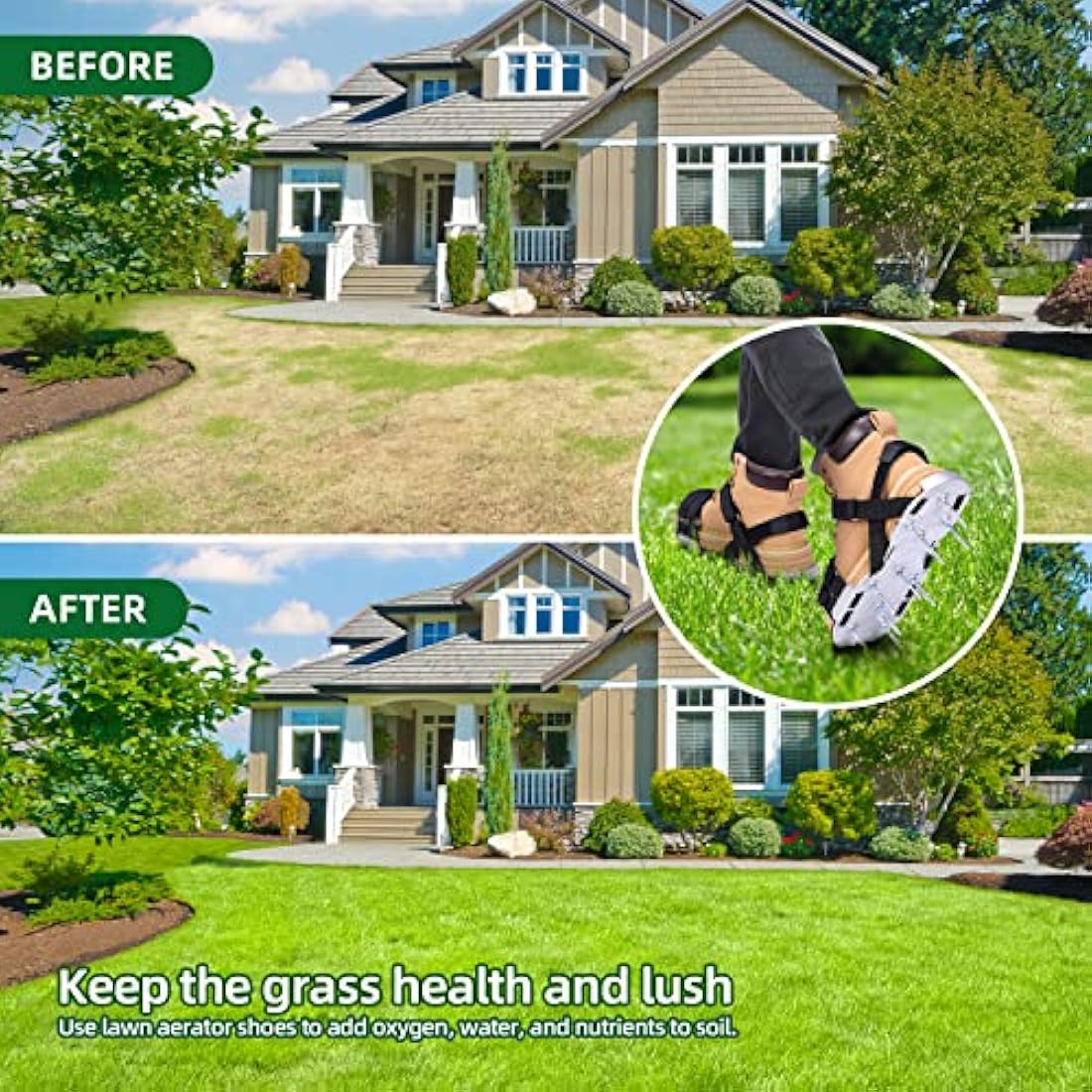 Ohuhu Lawn Aerator Shoes, Metal Spike Sandals for Aerating Lawn with Stainless Steel Shovel, Free-Installation Aerating Shoes with 900D Straps, Effectively Aerating Soil for Garden Grass Lawn