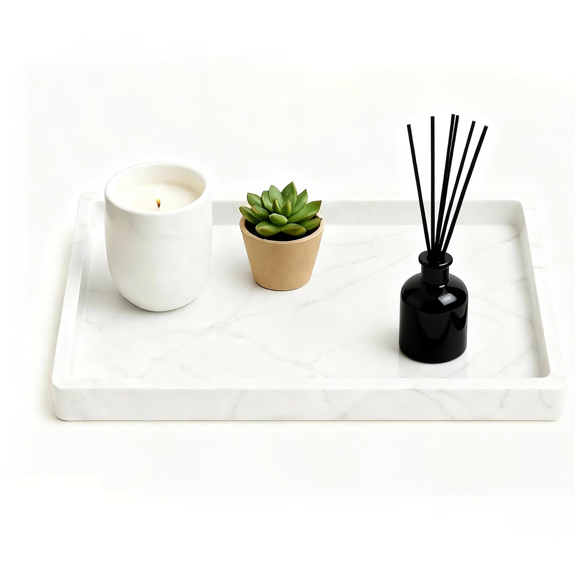 XINSUO Tray Bathroom, Bathroom Tray Organiser (Marble White, 24L*18W*2H cm)