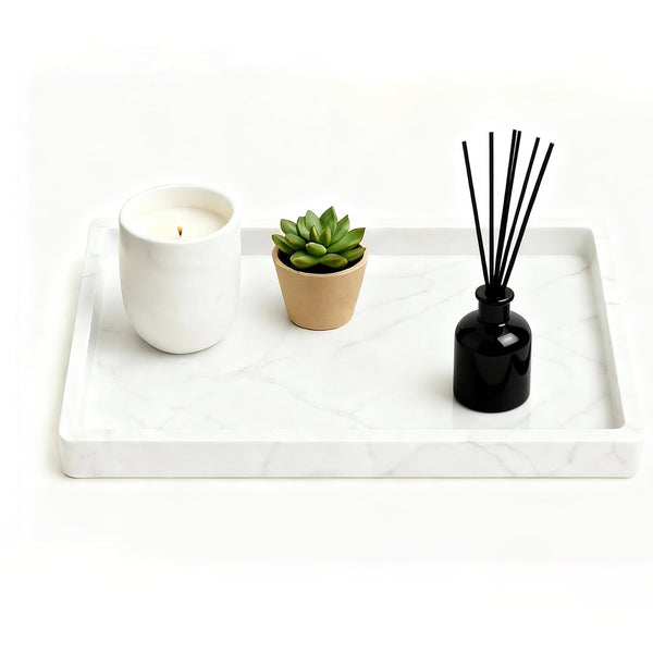 XINSUO Tray Bathroom, Bathroom Tray Organiser (Marble White, 24L*18W*2H cm)