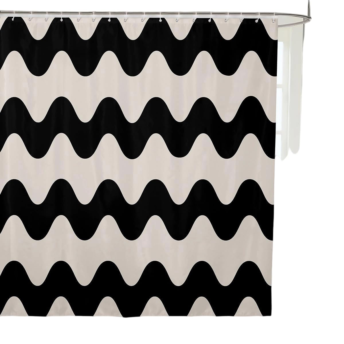 Wave Striped 72"Wx72"L Shower Curtain,Cream White Black Geometric Pattern Printed Waterproof Bathroom Curtains Abstract Ripple Stripes Fabric Shower