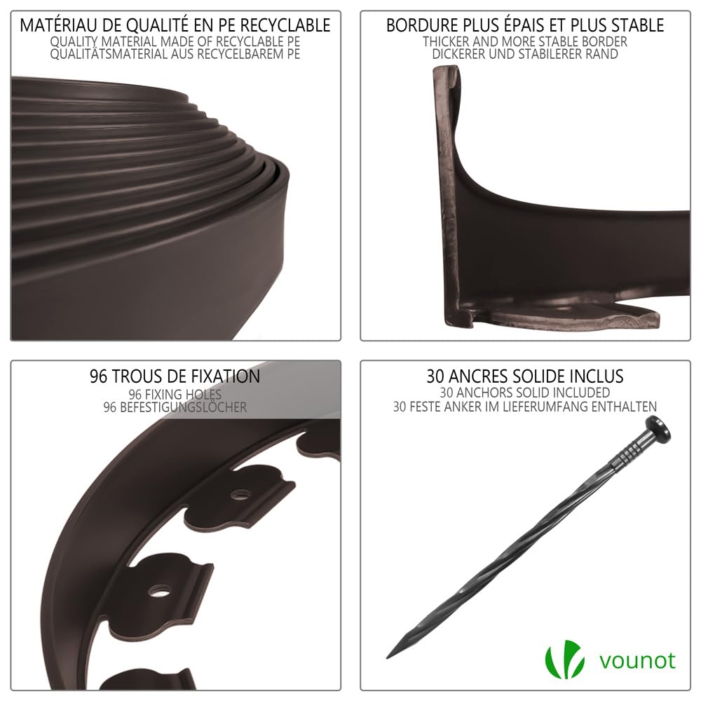 VOUNOT 20m Flexible Lawn Edging, Plastic Garden Edging Border with 60 Strong Securing Pegs, Height 5cm, Brown