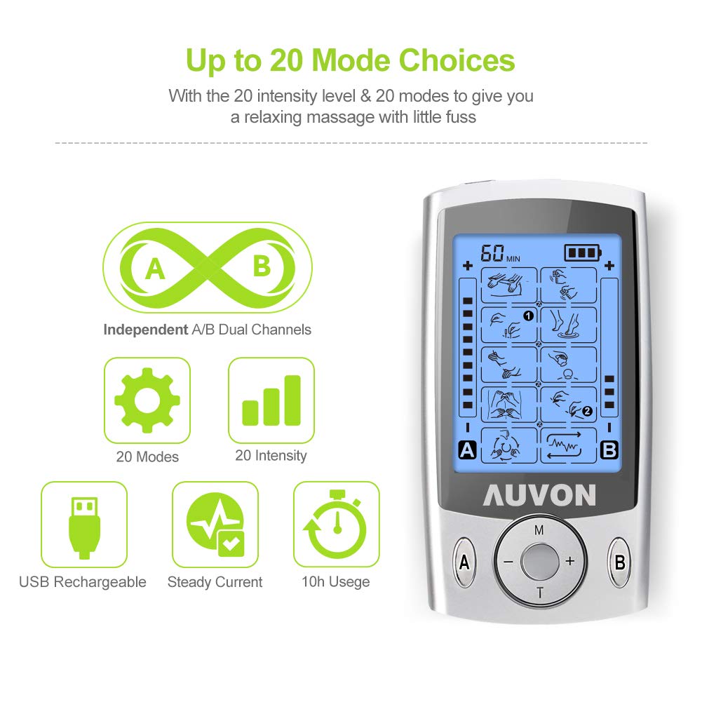 AUVON Dual Channel TENS Machine for Pain Relief, TENS Unit Muscle Stimulator with 20 Modes, 2" and 2"x4" TENS Pads Replacement
