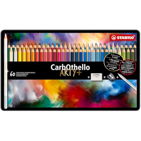 STABILO CarbOthello - Chalk-Pastel Pencil - ARTY+ - Tin of 60 - Assorted Colours with Sharpener, Kneaded Eraser and Blending Stump