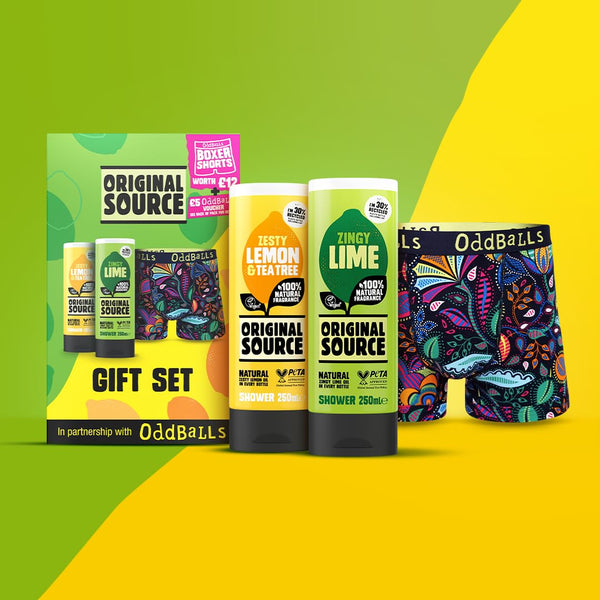 Original Source x Oddballs Boxer Bonanza Gift Set with Crisp Apple and Mint & Tea Tree Shower Gel and Boxers, Gifts for Men, Birthday Gift, 100 Percent Natural Fragrance, Vegan, Cruelty Free
