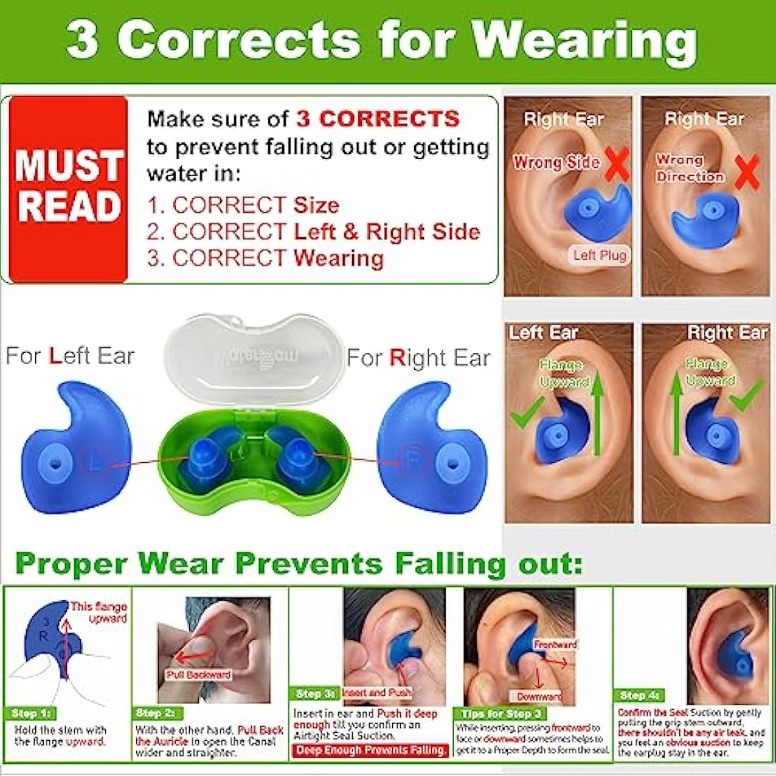 WaterDam Swimming Ear Plugs - Ultra Comfy Waterproof Earplugs Prevent Swimmer's Ear (Medium & Large, Clear)