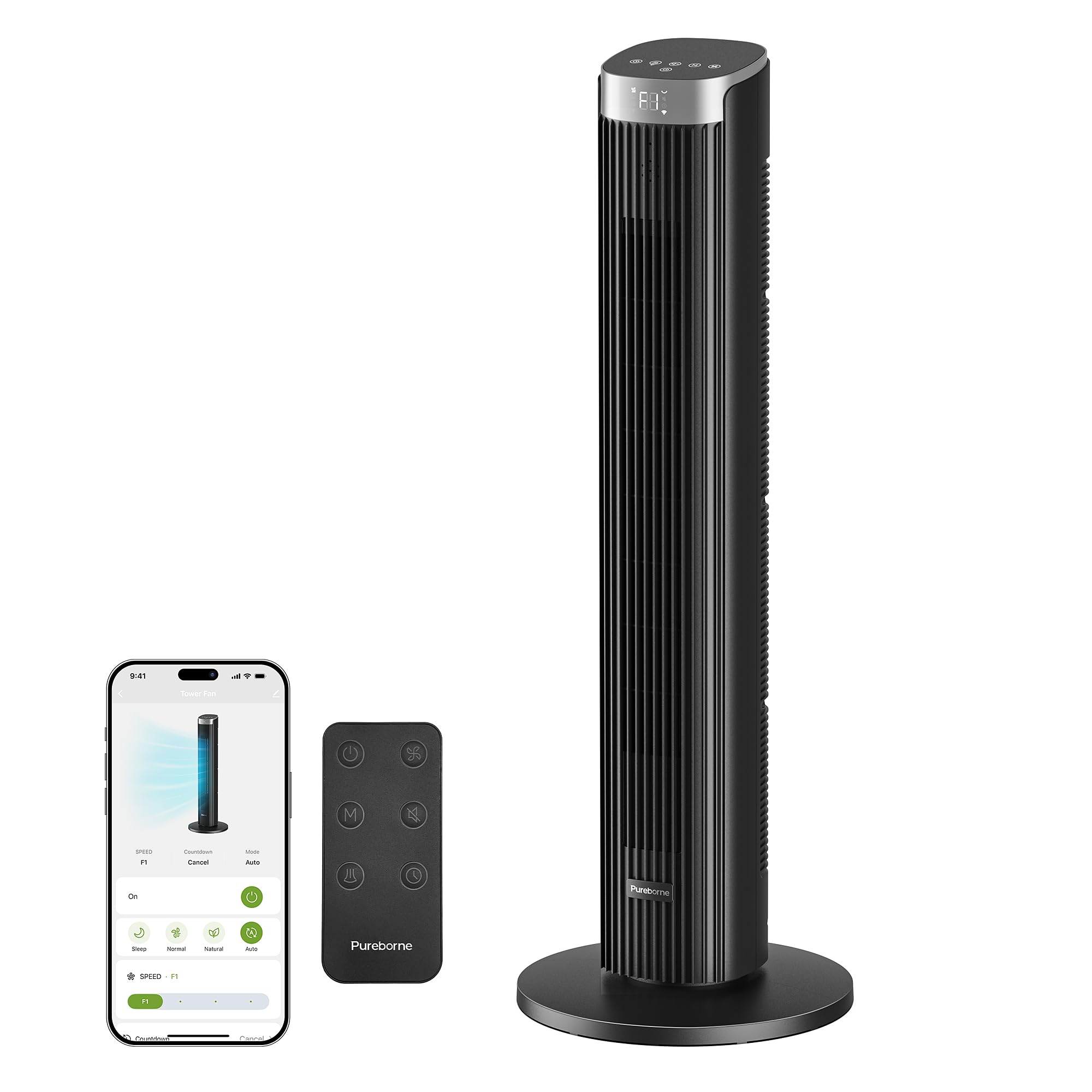 Pureborne 36" Smart Tower Fan with Remote, App & Touch Control, Silent Fans for Sleeping Capable of 25ft/s, LED Display, 90° Oscillating Fans for Bedroom & Office, Equipped with 12-Hour Timer, Black