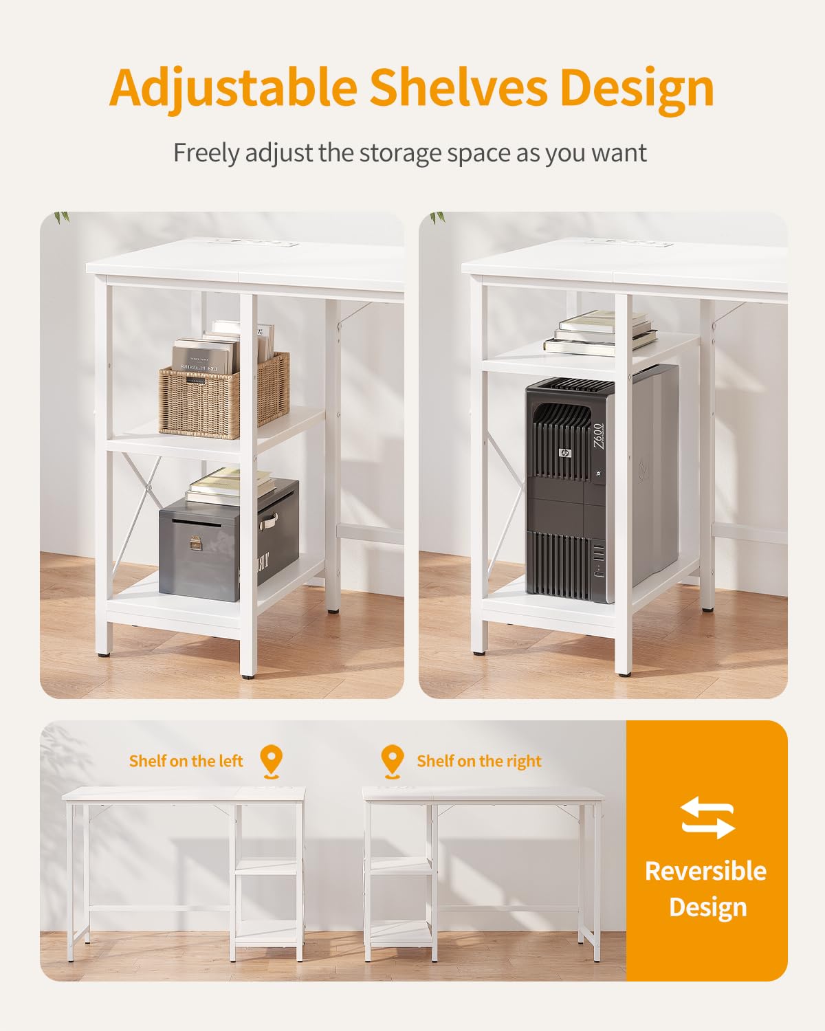 CubiCubi Computer Desk with Monitor Stand and Storage Shelves, 120cm Home Office Desk Study Writing Table, White