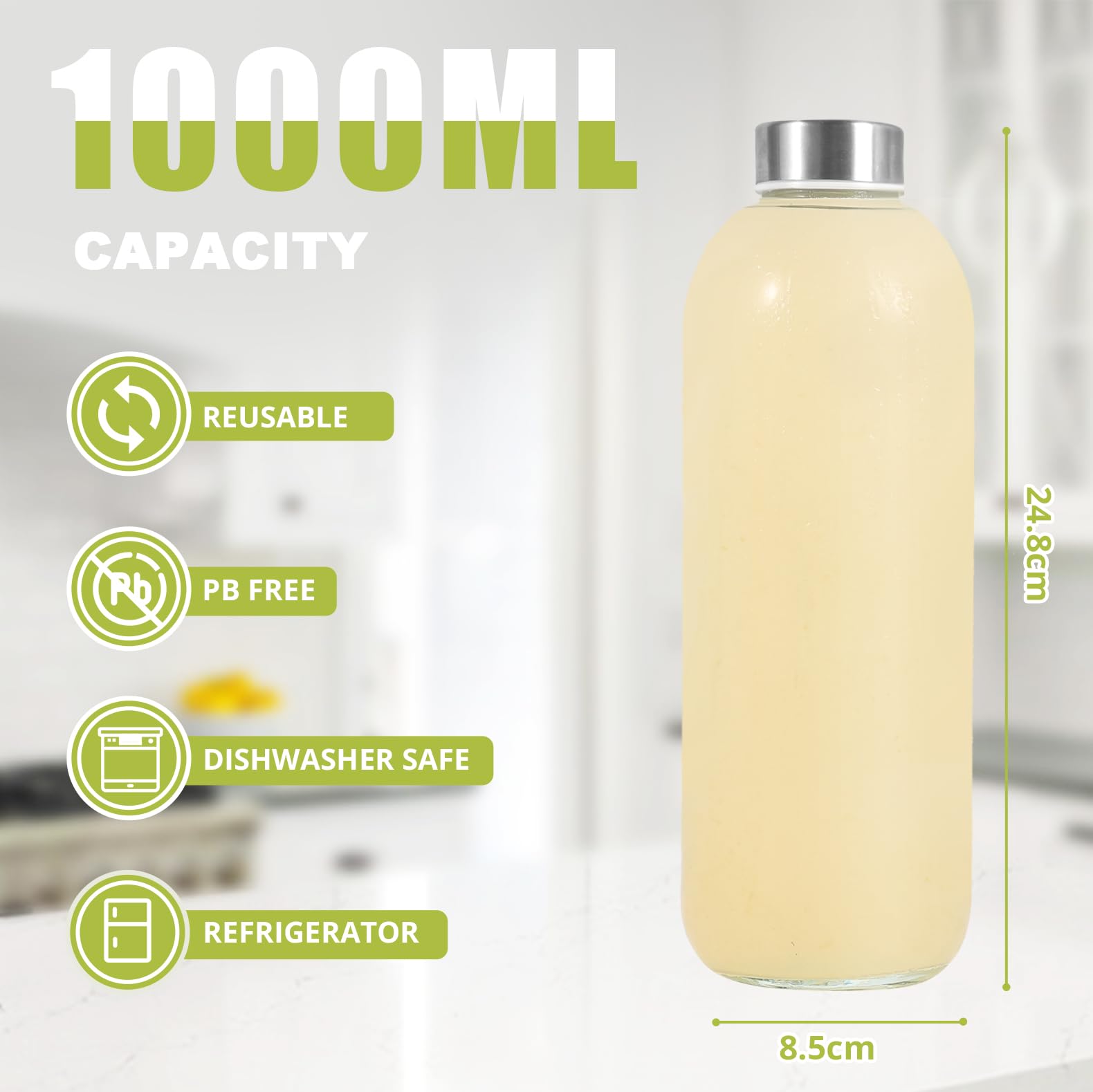 LIMILI Glass Bottles With Stainless Steel Lids, 300/350/750/1000ML Water Bottles, Leak Proof Reusable Drinking Bottles for Hot Cold Drinks, Work, Gym, Home
