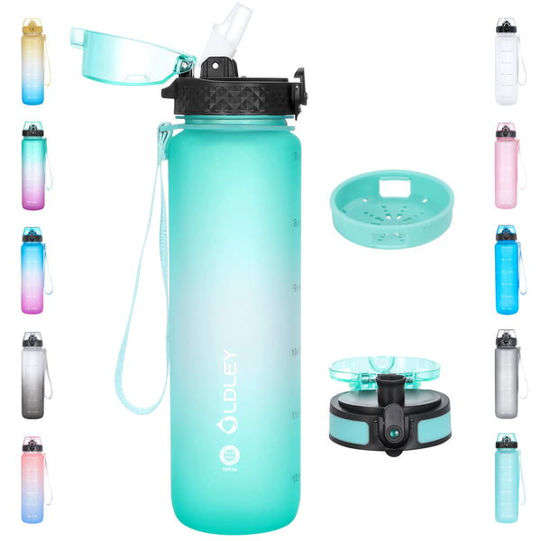 OLDLEY 1L/32oz Sports Water Bottle, 1000ml Motivational Drinks Bottle with Time Markings Leak Proof Drink & Lock Cover & No Straw, BPA Free for Adults Women Men Gym School Cycling Running Hiking