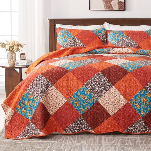Qucover Quilted Bedspread Super King, Multicolour Print Red Orange Blue Patchwork Quilt with 2 Pillow Shams, All Seasons Lightweight Soft Microfiber