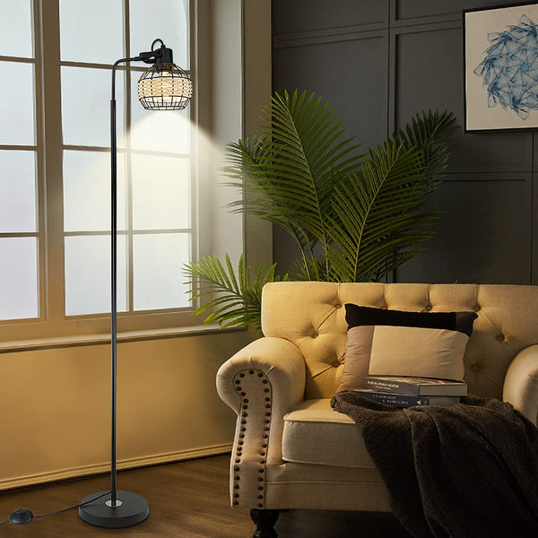 Depuley Modern Black Weaving Bamboo Floor Lamp, Eye-Care Tall Bamboo Rattan Floor Lamp for Living Room, LED Standard Lamp with Adjustable Lamp Holder