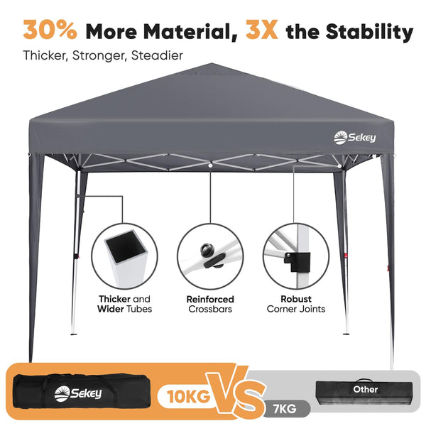Sekey One-Touch Pop Up Gazebo with Sides 3m x 3m, Heavy Duty Gazebo with 4 Pack Gazebo Weights Bags, Instant Setup, Waterproof 1000mm (Grau, 3m x 3m without Sides)