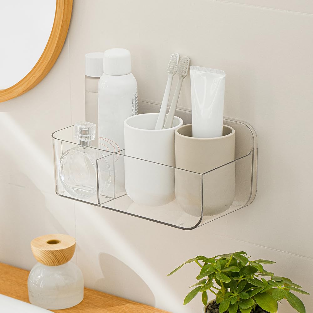 Poeland Wall Mount Storage Organizer, Clear Storage Box Holder Basket with 3 Compartments No Drilling Hang Walls/Doors for Kitchen, Cabinet, Bathroom,