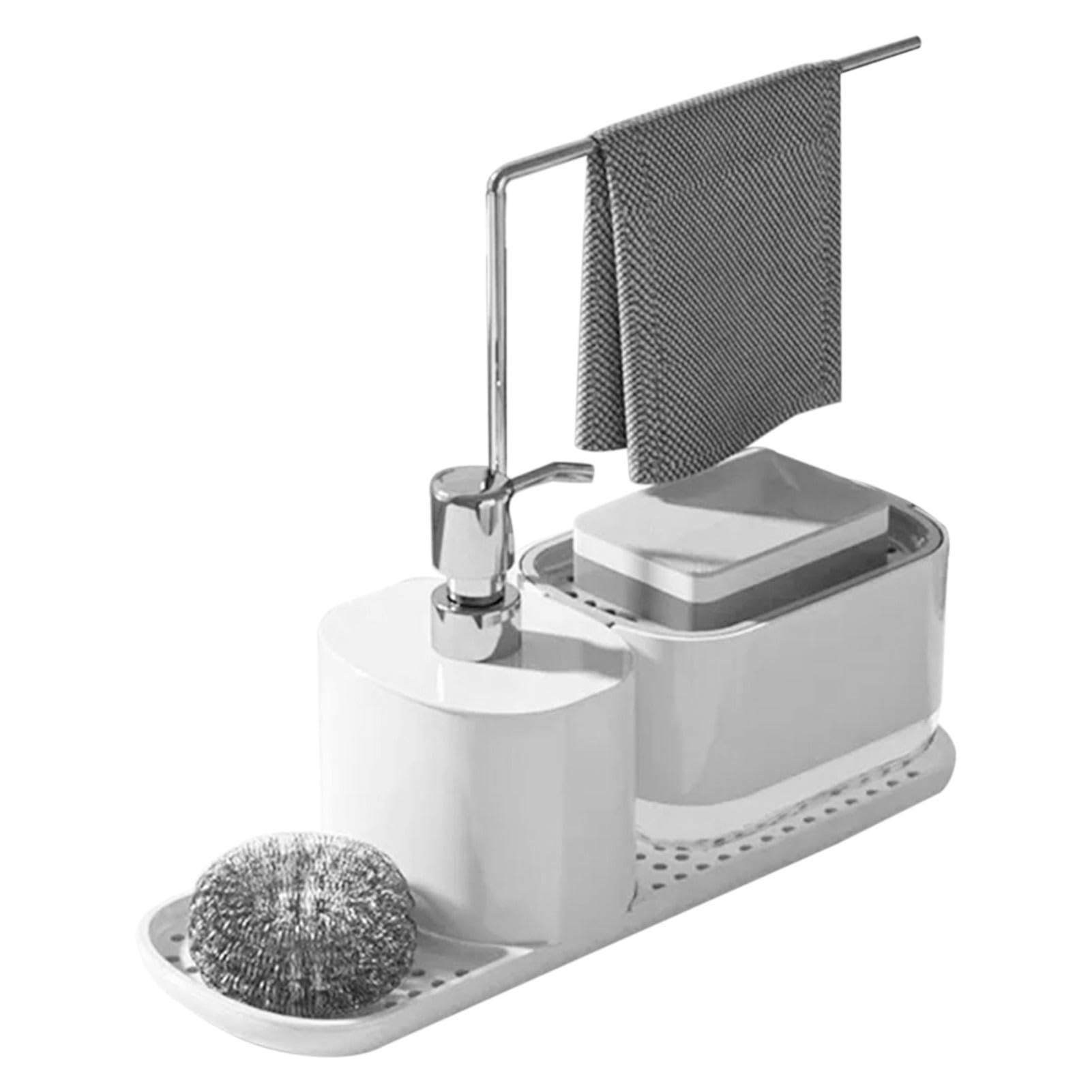 Soap Pump Dispenser with Stainless Steel Rag Holder and Push Bottle, Multi-Purpose Kitchen Sink Counter Organizer with Drainage Tray, Can Refill