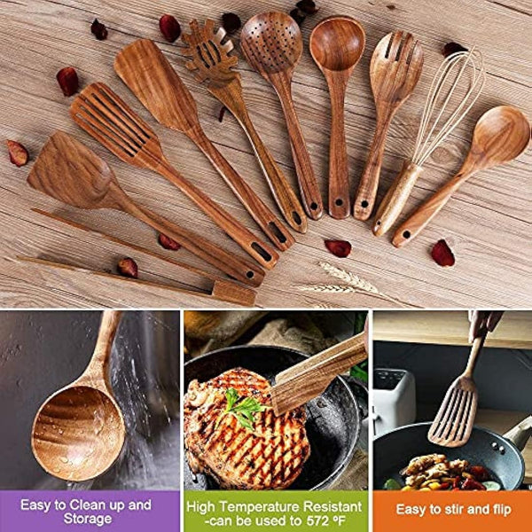Teak Wood Utensils - Nonstick Wooden Kitchen Set with Spatula and Ladle (10)