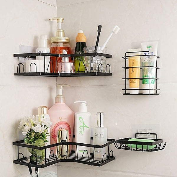 HanYun 4-Pack Corner Shower Caddy, Black, 4 Shelves, Heavy-Duty, Water Resistant, Rust-Proof, Triangular, Wall-Mounted, Bathroom Storage Accessory