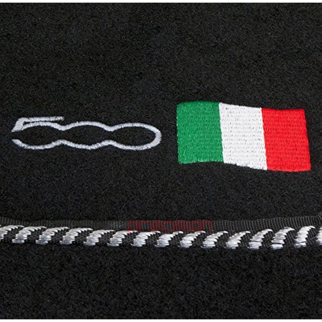 Precision Black Car Mats with 500 Logo & Silver Twist For Fiat 500 (2013-2020) - SSQ50064ST