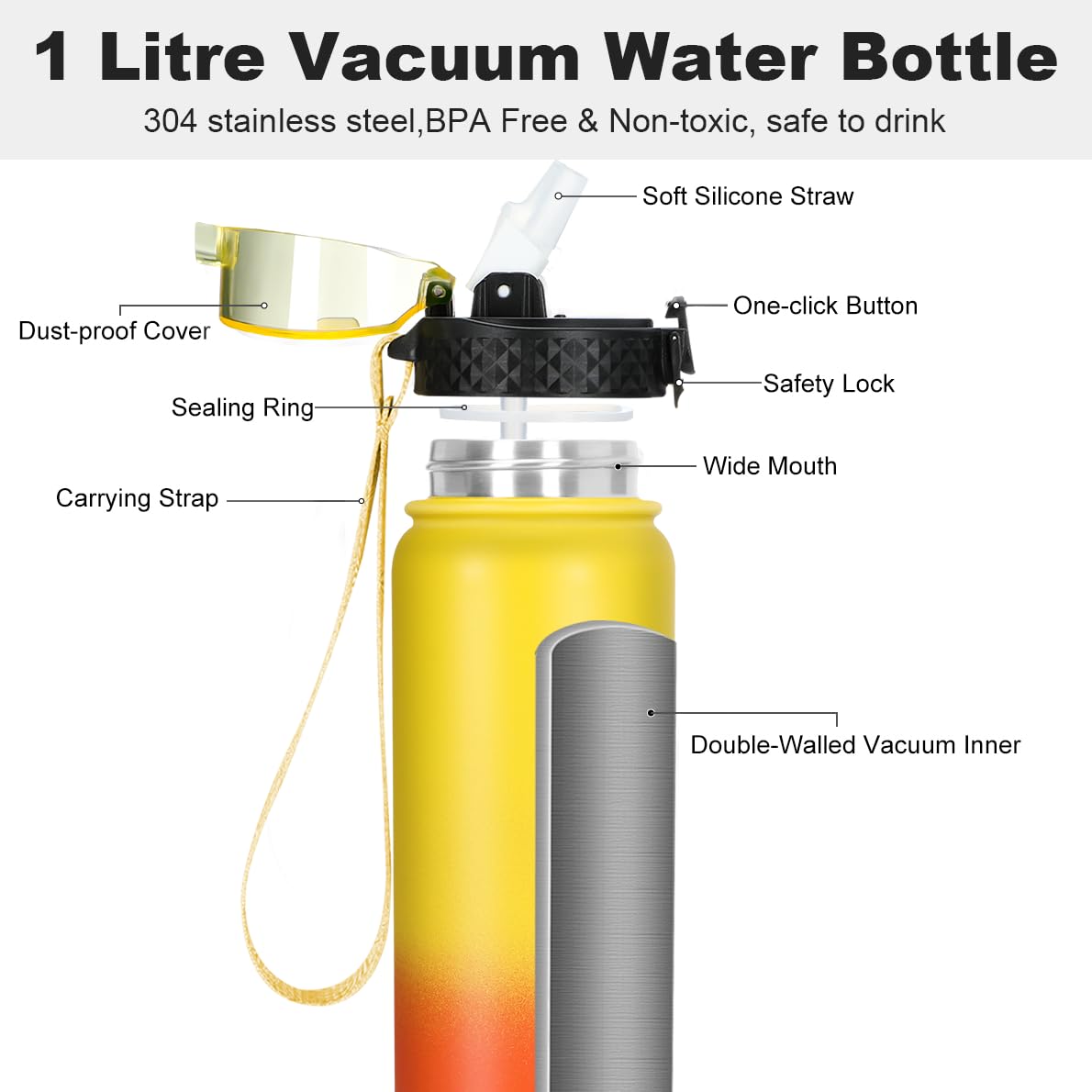 OLDLEY Stainless Steel Water Bottle with Straw 1L Vaccum Insulated Large Drink Flask Metal Water Bottles 1 Litre Leakproof Keep Drinks Hot Cold for Sports Gym with Different Lids(Purple Green, 3 Lids)