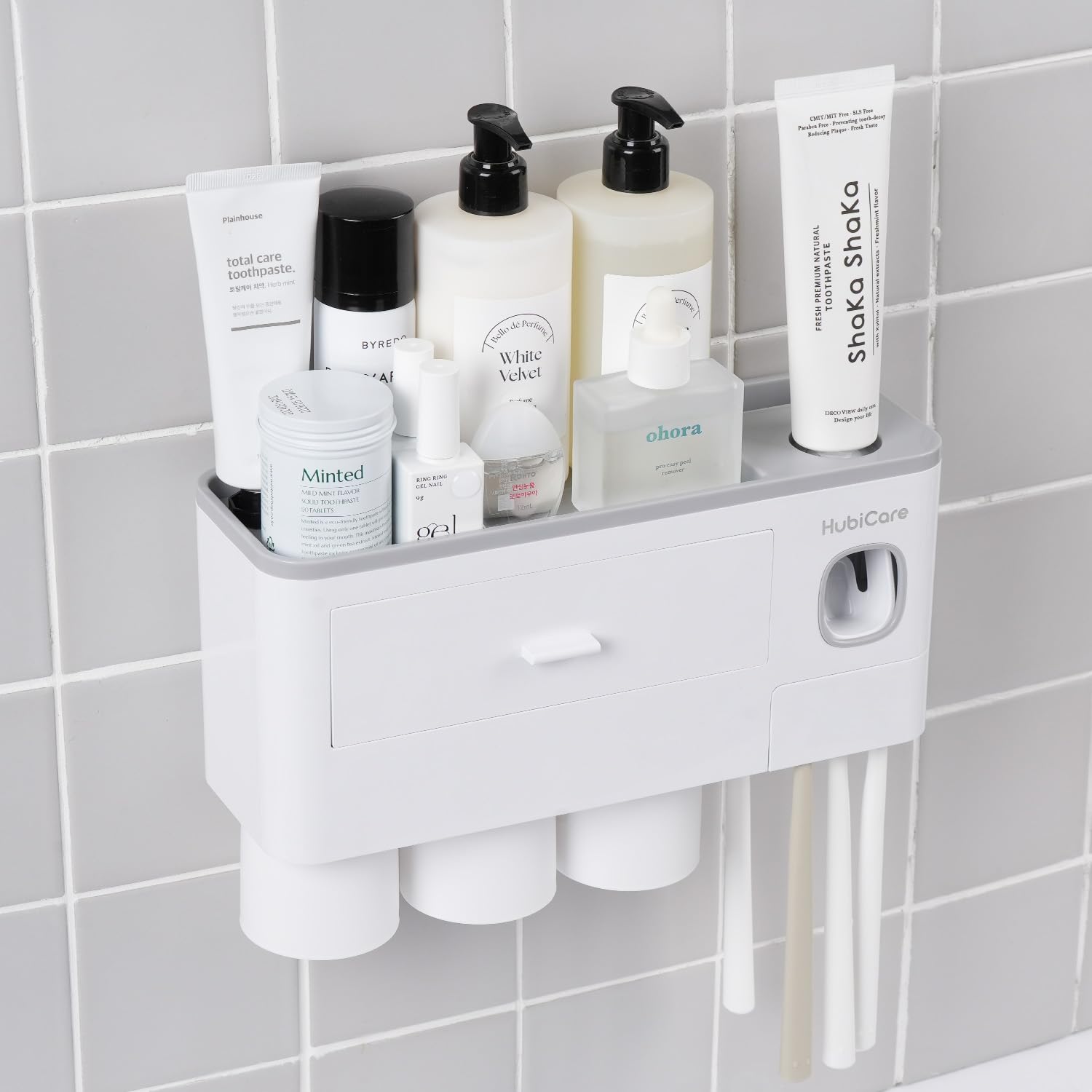 HubiCare Toothbrush Holder with Toothpaste Dispenser Wall Mounted for Bathroom, Automatic Toothpaste Squeezer, Bathroom Organization and Storage, 5