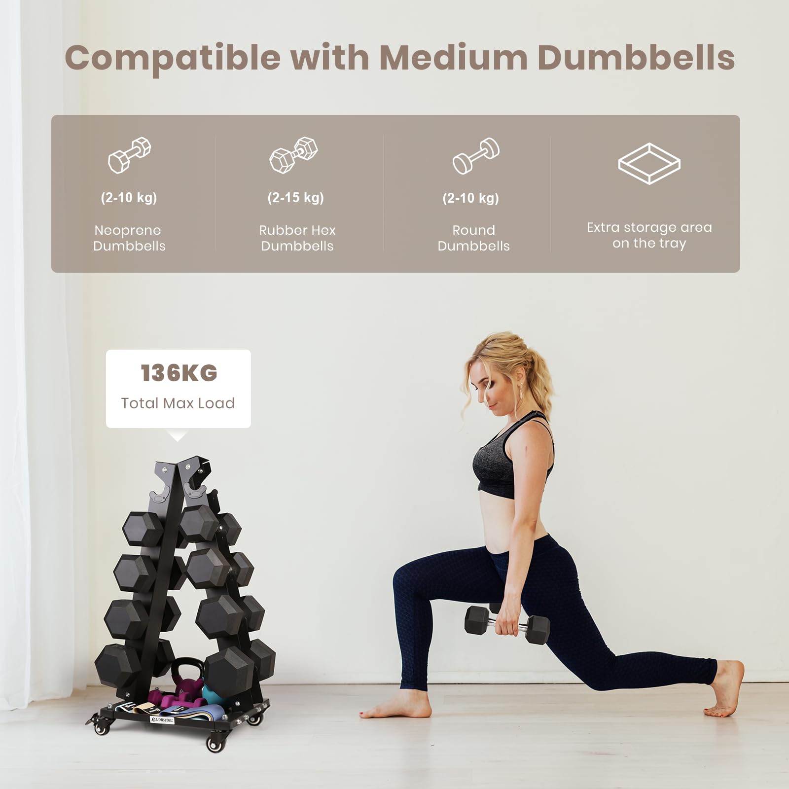 LIONSCOOL Premium Solid Steel Dumbbell Rack Stand Only, A-Frame Portable Weight Storage Organizer with Tray and Wheels (Medium, 300 LBS)