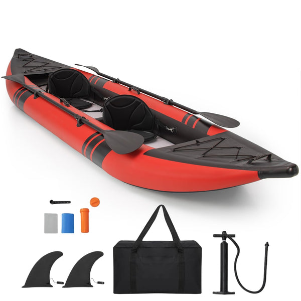 GYMAX Inflatable Kayak Set, 2-Person Inflatable Boat with Aluminum Oars, EVA Padded Seat, Fins, Hand Pump, Repair Kit and Carry Bag, Blow Up Canoe for Lakes, Rivers & Sea Shores