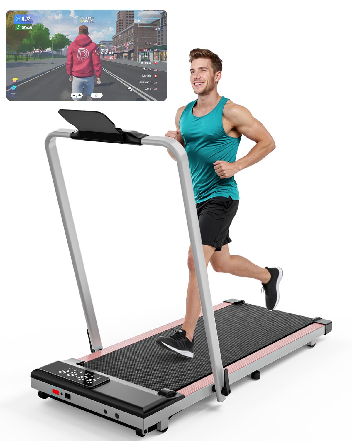 Superun Walking Pad Raceable 6% Incline 2.5HP Under Desk Treadmill 136KG Capacity MAX 110CM Foldable Treadmill APP Control Portable Walking Machine for Home with Training Courses & Multi-Runner Races