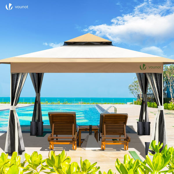VOUNOT® 3.6m x 3.6m Pop Up Gazebo with Mesh Sides, Garden Double Roof Marquee Party Tent with Leg Weights & Roller Bag, Grey