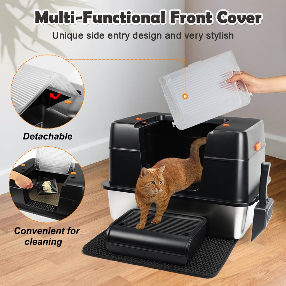Vivifying Enclosed Stainless Steel Cat Litter Box with Lid, High-Sided, Removable and Metal Leak-Proof Stainless Steel Cat Litter Tray with Scoop, Steps and Mat (Black)