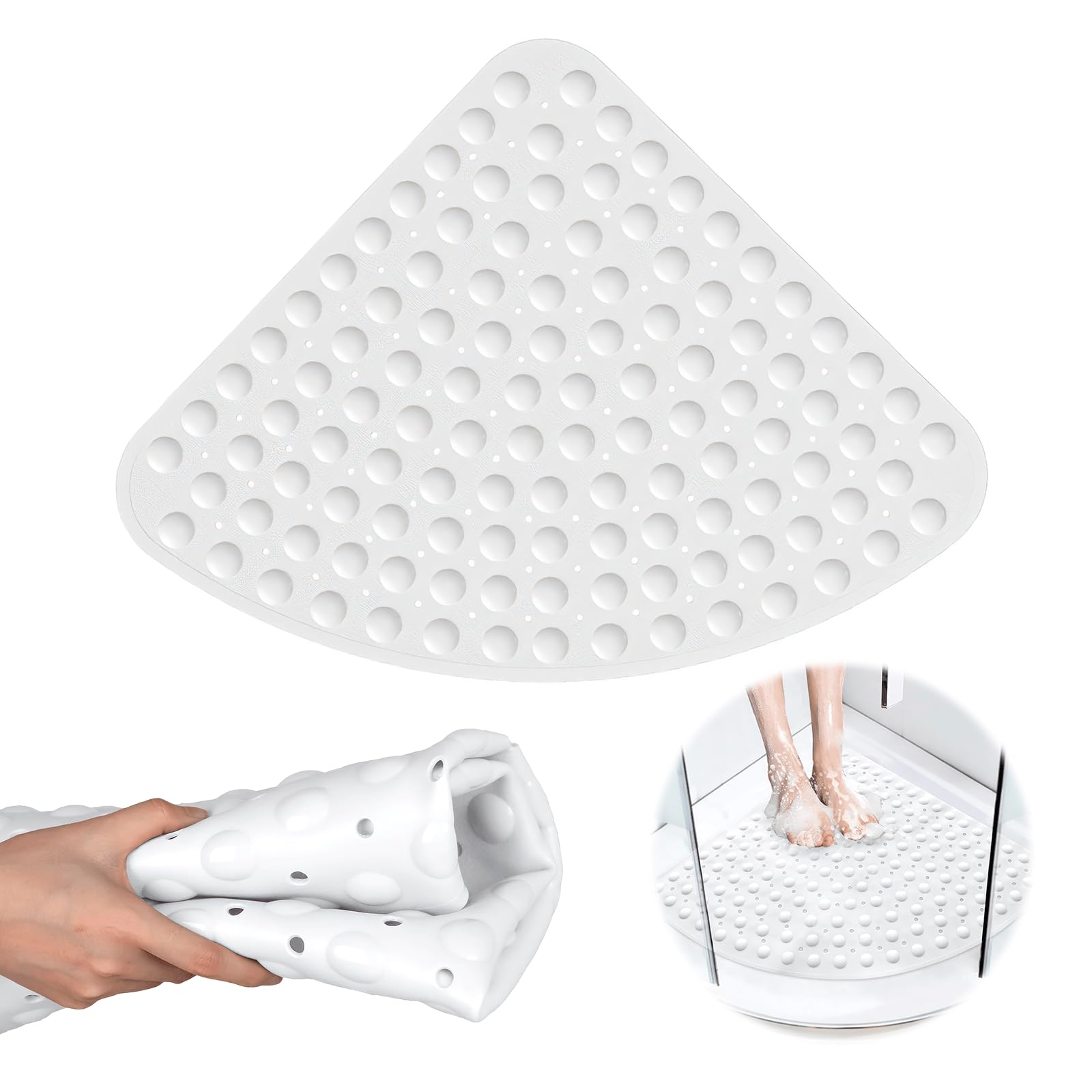 Miawtro Corner Shower Mat, Soft Rubber, Non Slip Anti Mould, Machine Washable, White, Rectangular, PVC, 54x54cm