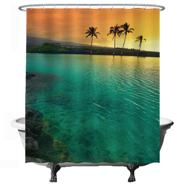 Ulticool Shower Curtain - Sea Beach Palm Tree Sunset - 180 x 200 cm - Washable - Anti Mould - with 12 Rings - Blue Green Yellow