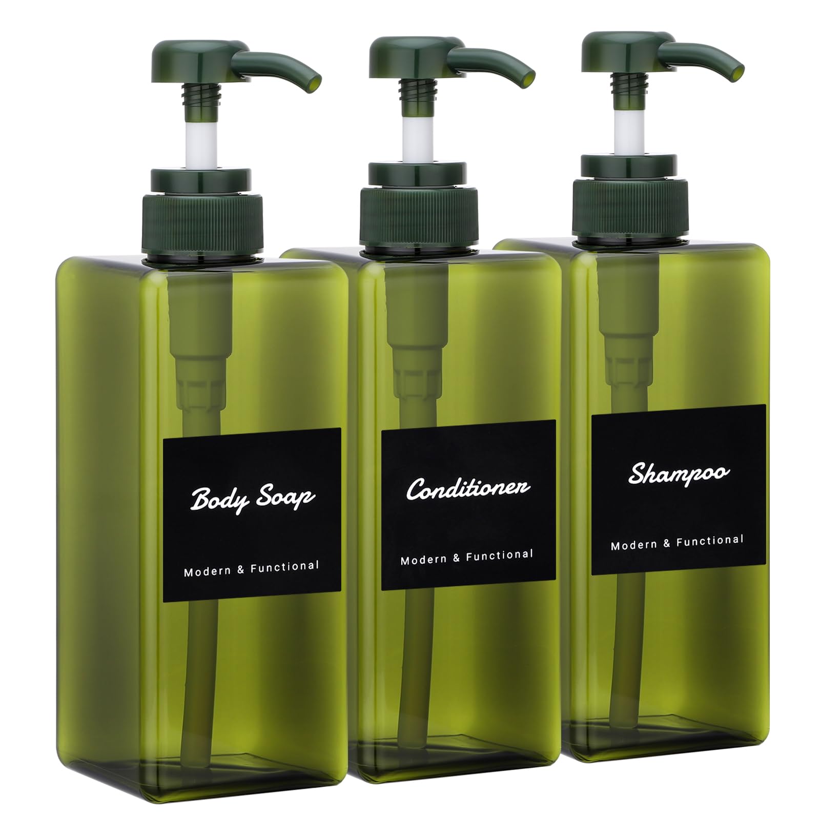 Segus Shampoo and Conditioner Dispenser Set, 3 Pieces 650ml Plastic Shampoo Bottles with Labels, Empty and Leakproof, Bathroom Soap Dispenser (Dark