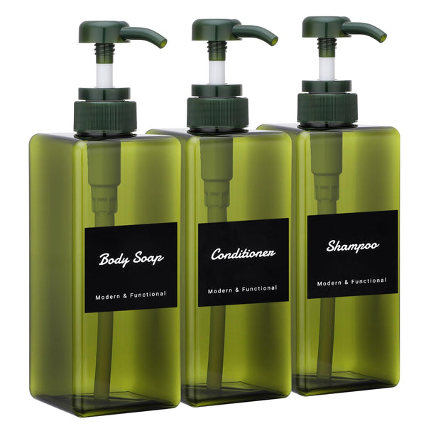 Segus Shampoo and Conditioner Dispenser Set, 3 Pieces 650ml Plastic Shampoo Bottles with Labels, Empty and Leakproof, Bathroom Soap Dispenser (Dark