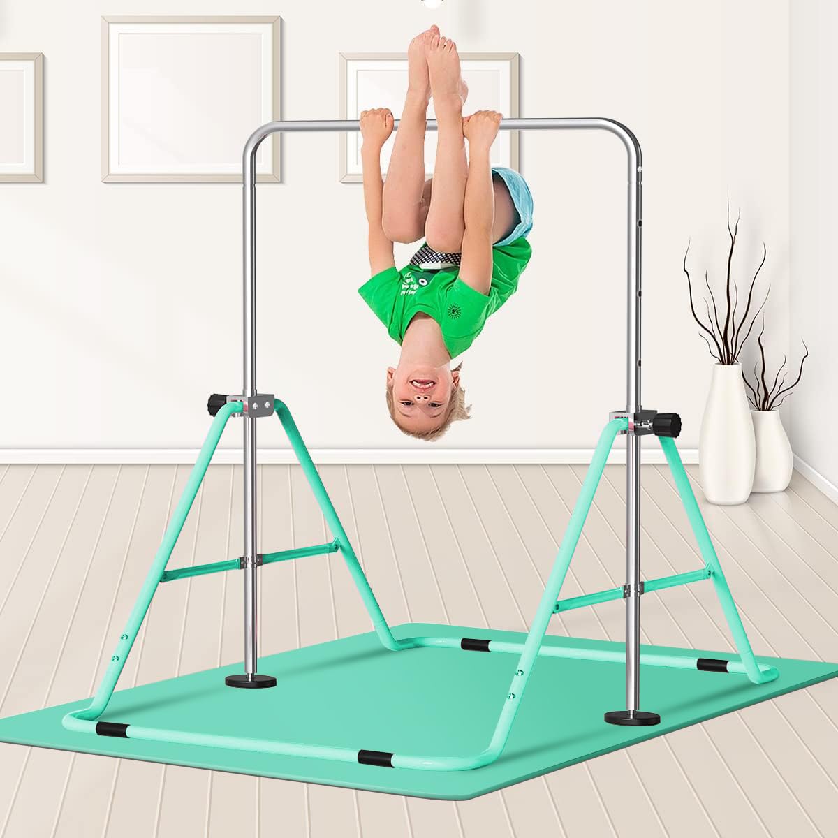 FBSPORT Gymnastics Bar, Folding Horizontal Bar Gymnastics Equipment for Kids Home Training, Expandable Gymnastics Training Bar Junior with Adjustable Height for Girls Boys