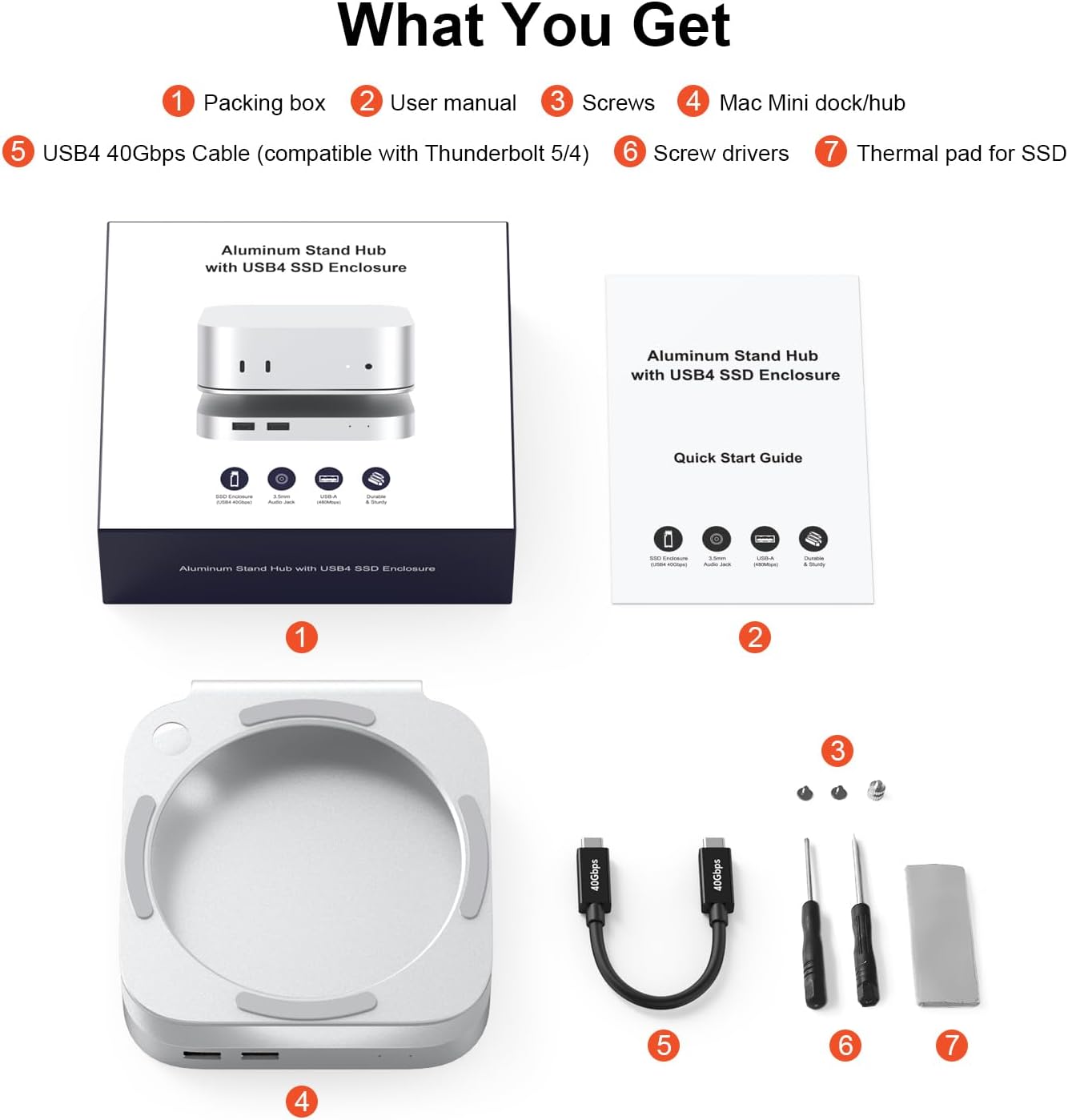 Qwiizlab 40Gbps Mac mini M4/M4 Pro Stand Hub with USB4 NVMe SSD Enclosure, USB-C Host, 3 USB-A 2.0, 3.5mm Audio, Supports M.2 PCIe up to 8TB, Compatible with Thunderbolt 4/5