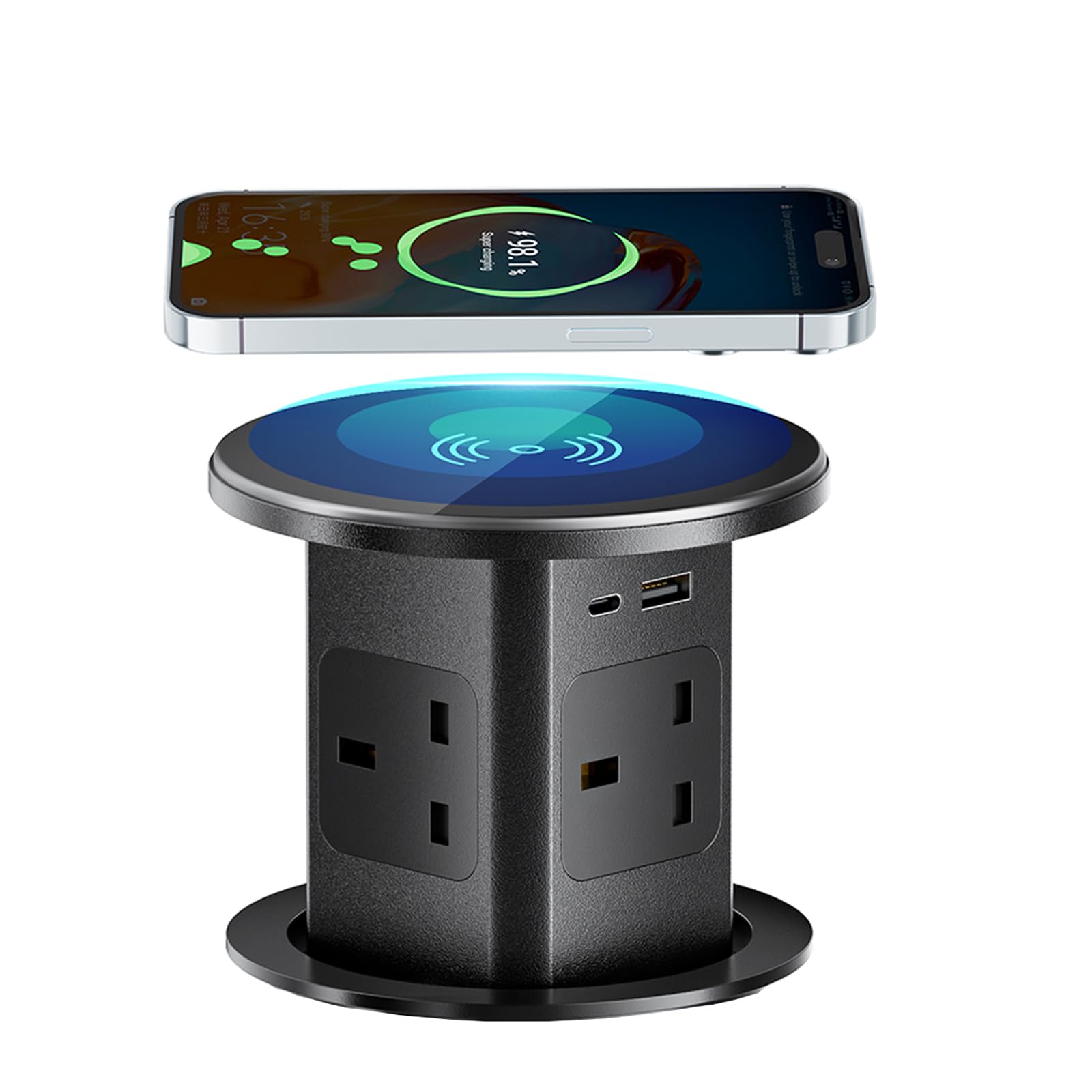 Pop up Socket, Pop up Sockets for Kitchen Worktops Automatic Pop up Power Outlet with 15W Wireless Charger, 7 in 1 Pop up Outlet for Desk Countertops, 4 * AC Outlet, 1 * USB-A, 1 * USB C