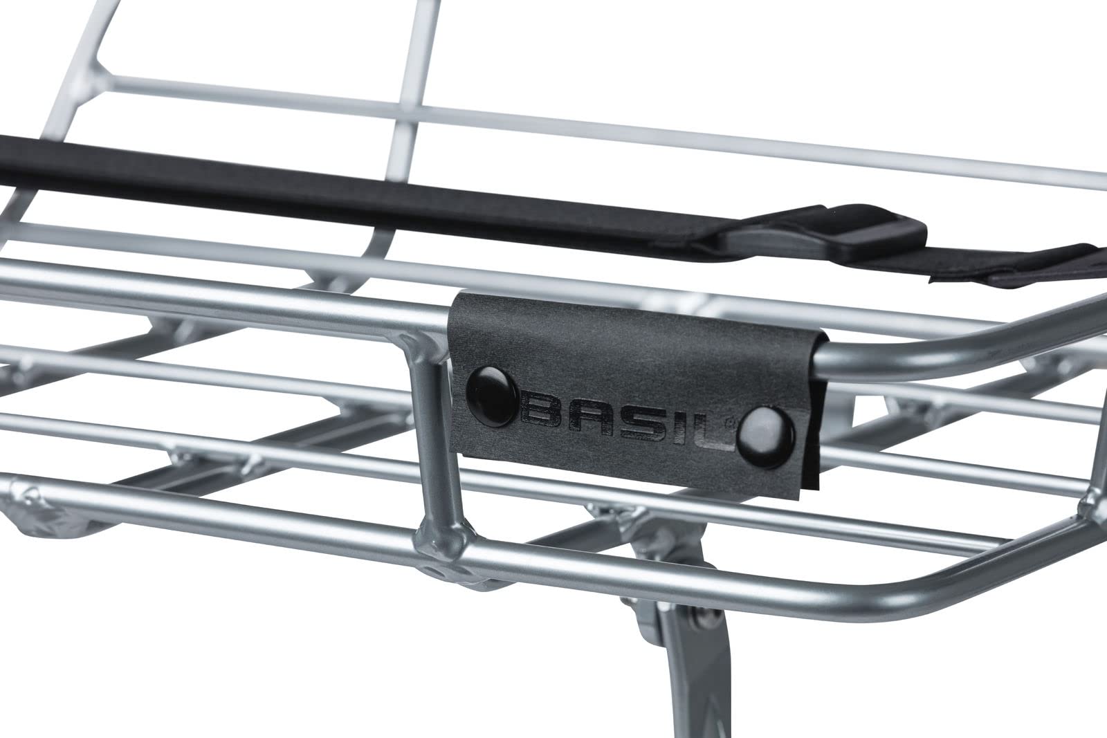 Basil Portland Front Carrier, Aluminium (silver) and Removable Tan Belt