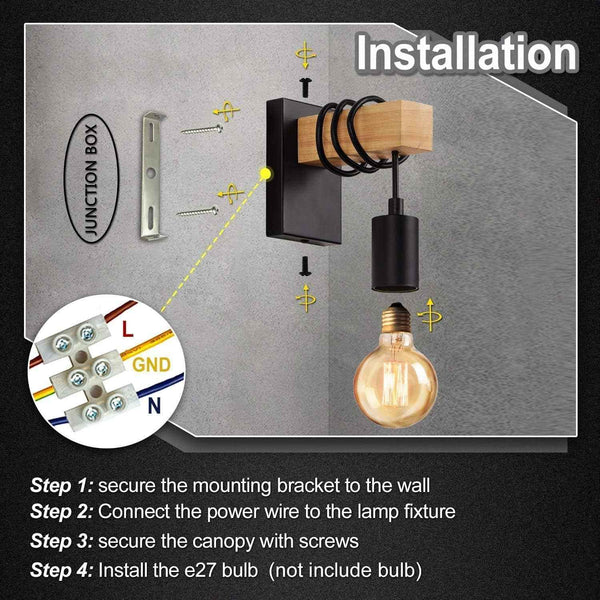 Wooden Wall Light 2 Pack Vintage Industrial E27 Rustic Sconce Black Lightess