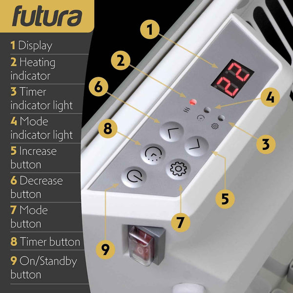 2000W White Glass Electric Radiator Heater with Thermostat Wall Mounted Futura