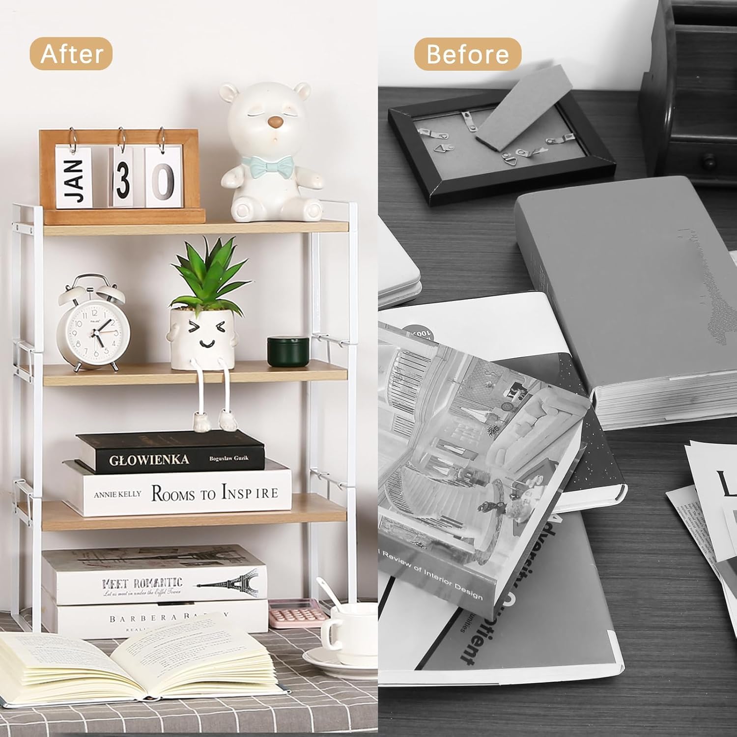 Wood Office Desk Shelf Organizer - Desktop Supplies Cute Dresser Top Organization Storage Rack and Cubicle Decor Aesthetic Bookshelf for Women Man and