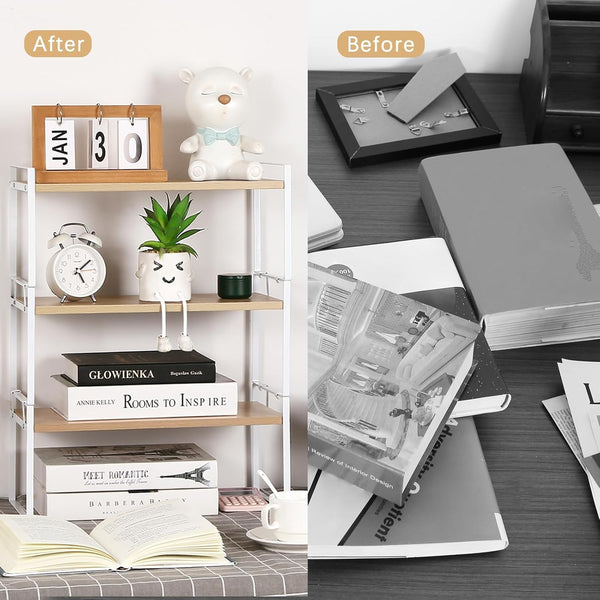 Wood Office Desk Shelf Organizer - Desktop Supplies Cute Dresser Top Organization Storage Rack and Cubicle Decor Aesthetic Bookshelf for Women Man and