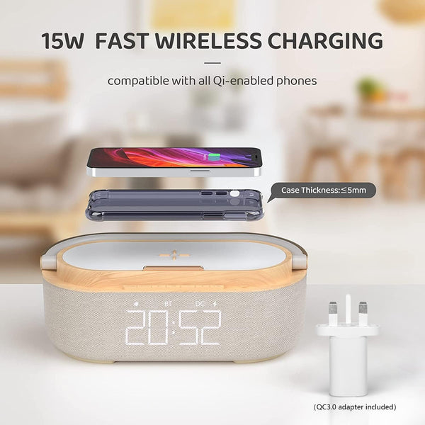 COLSUR Radio Alarm Clock Bluetooth Speaker, 15W Wireless Charger Alarm Clocks Bedside, Night Light, Loud Volume for Heavy Sleepers, Snooze, Dimmable LED Display, 2500mAh Battery