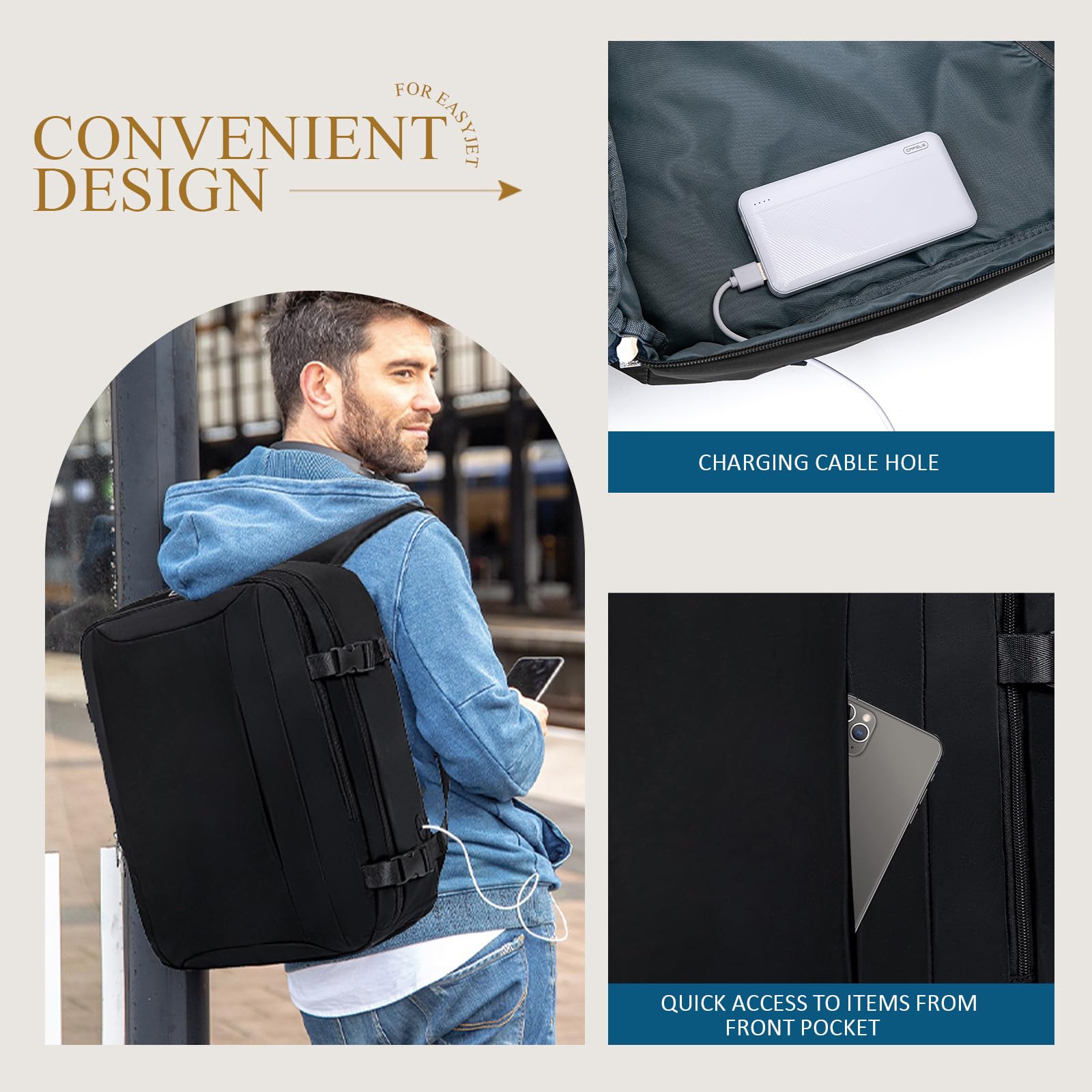 Cabin Bag 45x36x20 for New Easyjet, Underseat Cabin Luggage Bags Carry on Travel Backpack Cabin Size for Airplanes, 30L Hand Luggage Suitcase Water Resistant Laptop Backpacks Black