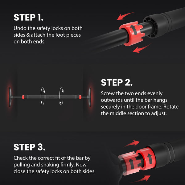 Pull Up Bar Door Frame NO Screws + Exercise E-Book | Professional Chin Up with Padded Handles | Extra Wide Dip Workout Bars for Hanging in Doorway at