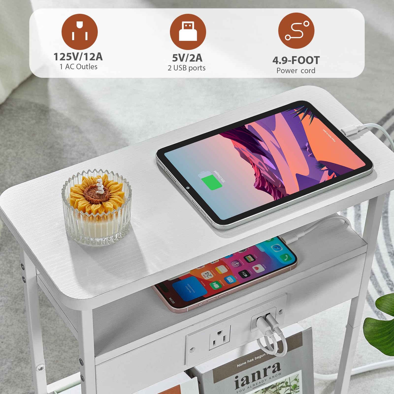 YEAKOO Narrow Side Table with Storage Shelf, 3 Tier Slim End Table Sofa Table for Narrow & Small Spaces, Bedside Table Small Nightstand with Magazine