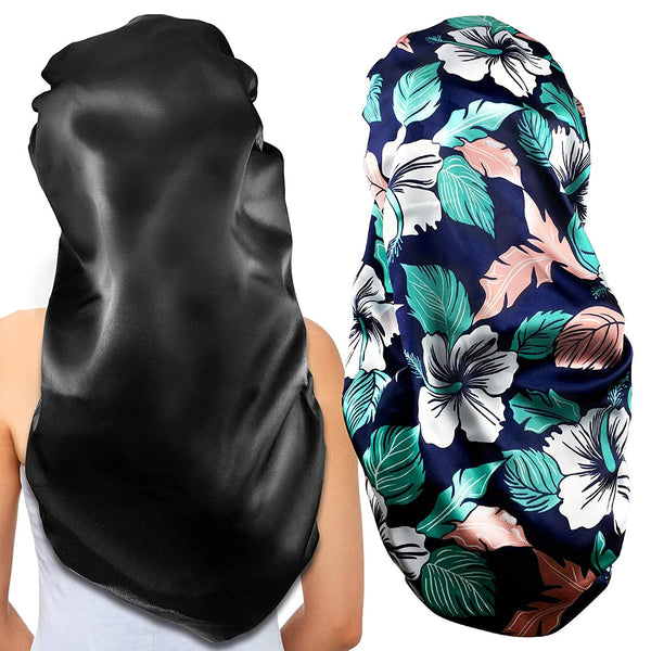 2Pcs Long Satin Hair Bonnets, Extra Large for Long Hair, Soft & Comfortable Elastic Band Bonnets for Women's Night Sleep, Satin (Black + Green