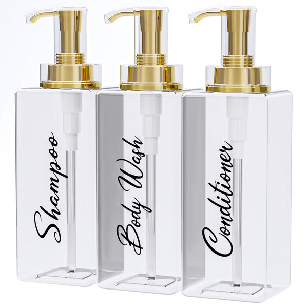 Akalin 3 Pack 500ml Clear Square, 3 Gold Pump Bottles 500 Ml, Transparent
