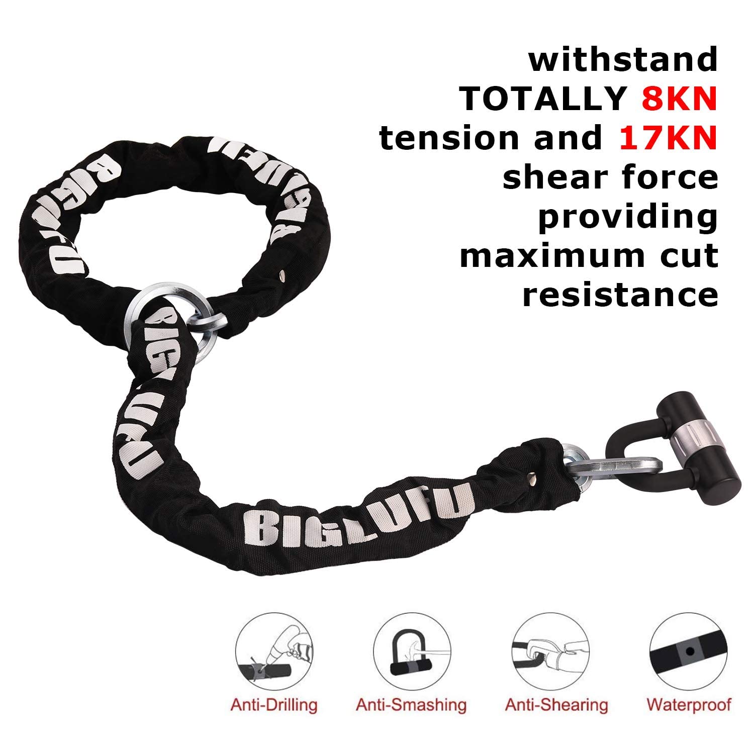 BIGLUFU Bike Chain Lock, 120cm Long Heavy Duty Motorcycle Lock, 12mm Thick Cycling Chain Lock High Security Chain Locks for Bicycle, Motorcycle, Door,