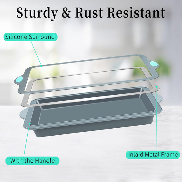 To encounter Silicone Baking Pans Set, 4 Pieces Nonstick Bakeware Set with Baking Pans, Baking Sheets, Cookie Sheets, Cake Pan with Metal Reinforced